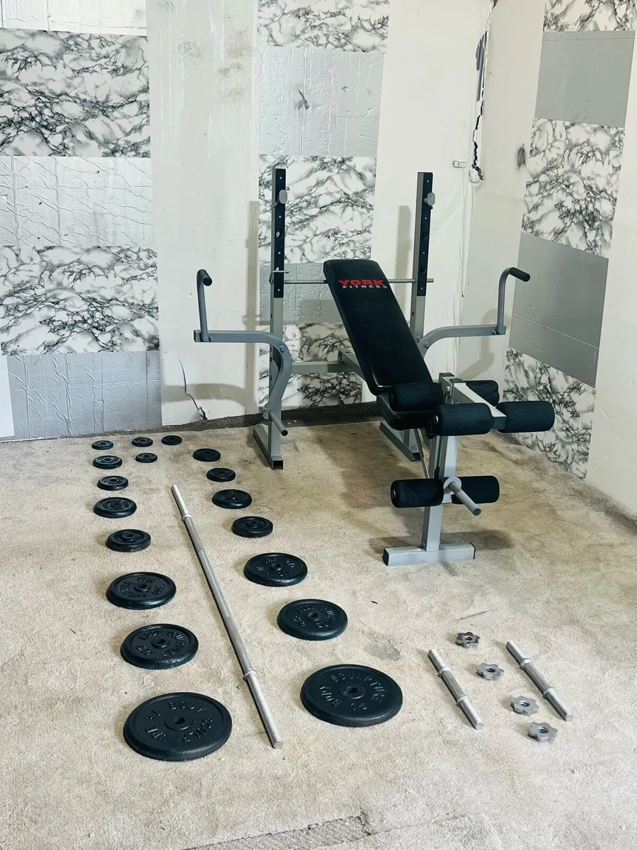 60KG CAST IRON WEIGHTS BARBELL DUMBBELLS SET+BENCH - Image 1