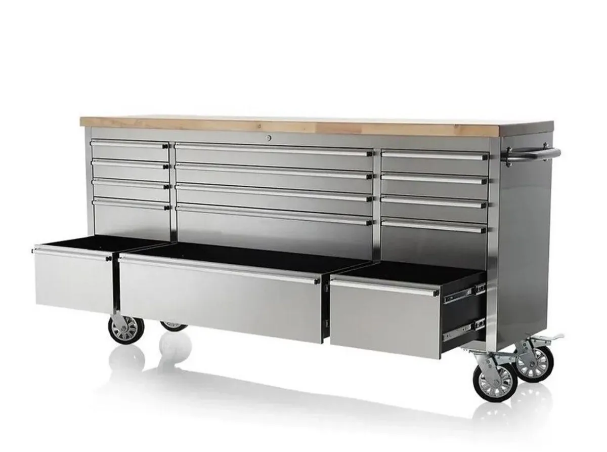 72″ Brushed Stainless Steel 15 Drawer Work Bench T - Image 1