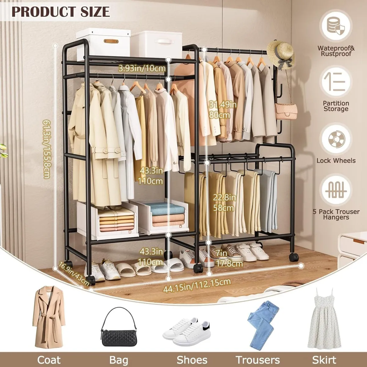 Heavy Duty Clothes Rail with Wheels 125KG Metal - Image 3