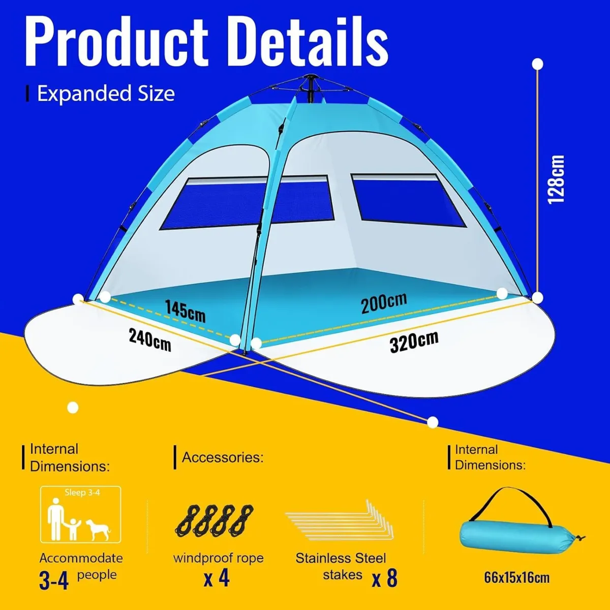 Beach Tent 2-4 Person Two Doors Large Pop Up - Image 2