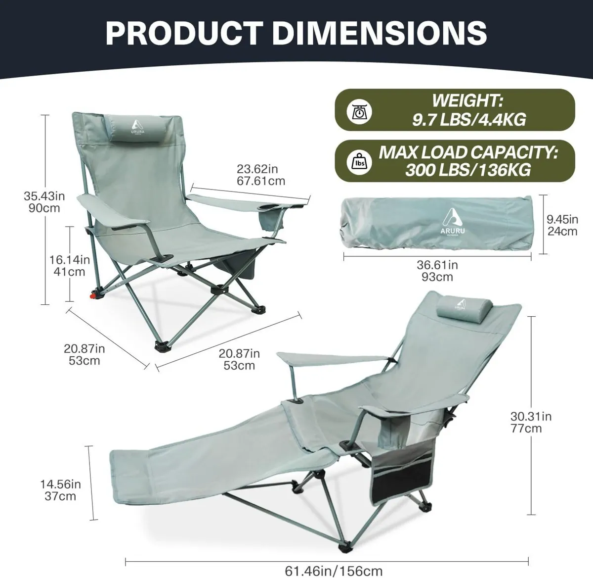 2-in-1 Reclining Camping Chair Portable Folding - Image 2