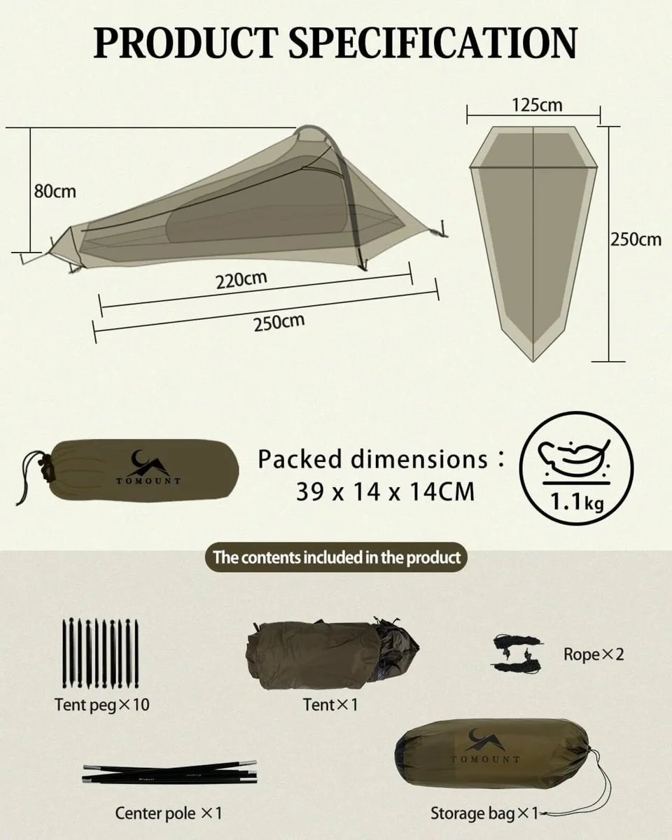 TOMOUNT Bivvy Tent Nylon Ultralight 1 Person - Image 3