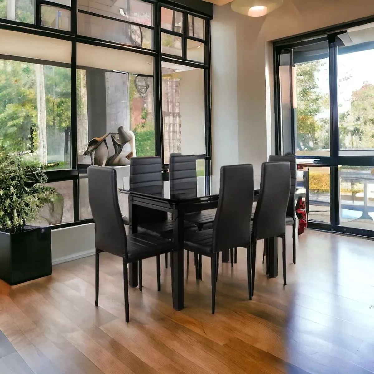 Extendable Glass Dining Table Set 6 chairs Black - Image 2