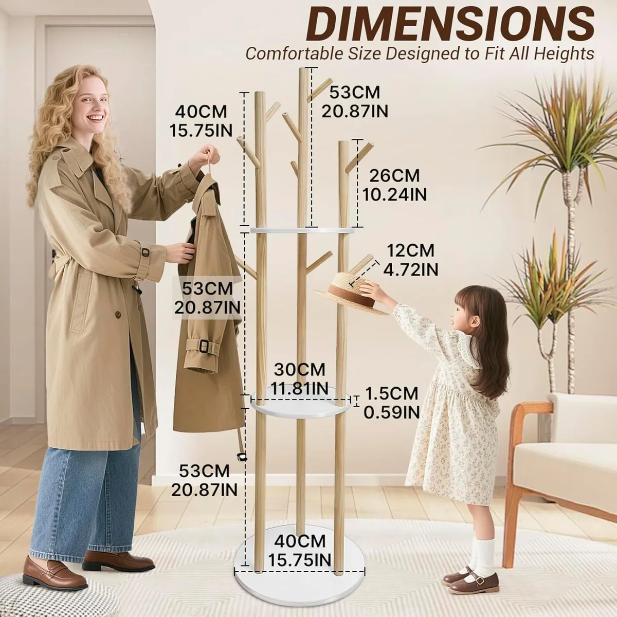 165CM Wooden Coat Rack Freestanding with 3 - Image 3