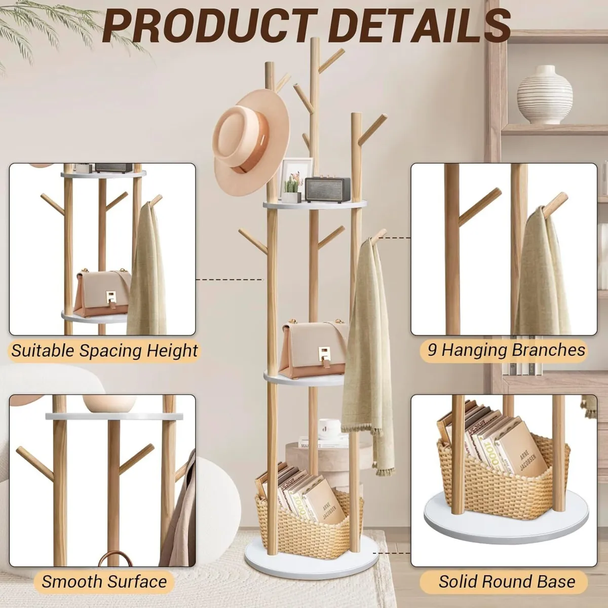 165CM Wooden Coat Rack Freestanding with 3 - Image 4
