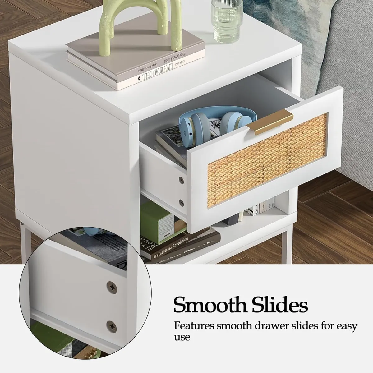 White Bedside Table Set of 2 Boho Nightstand with - Image 3