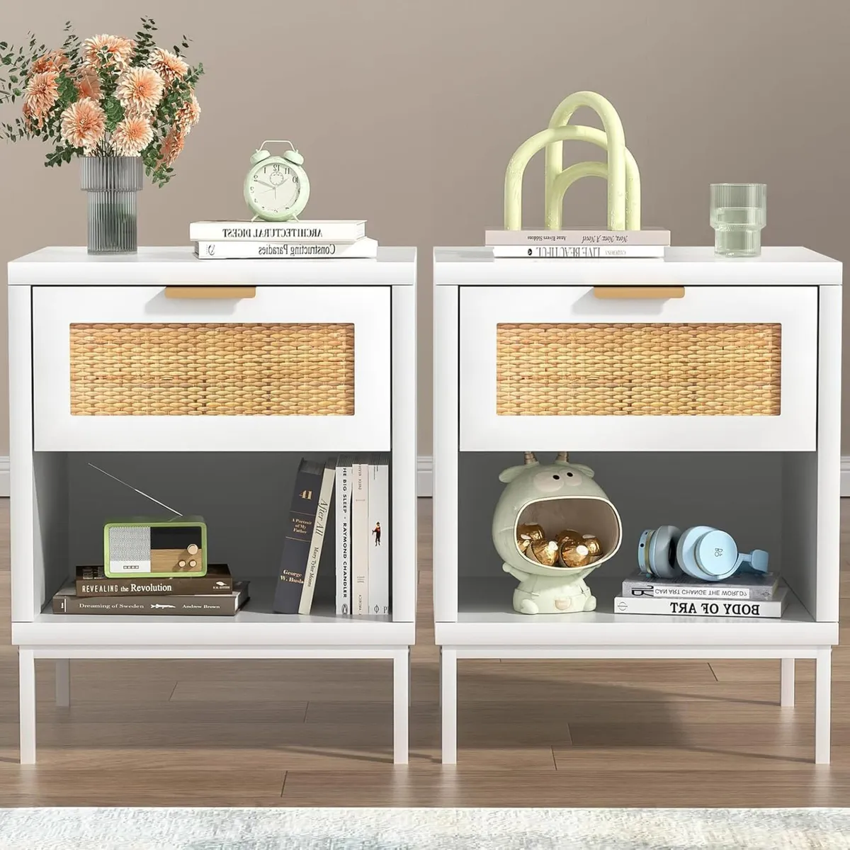 White Bedside Table Set of 2 Boho Nightstand with - Image 1