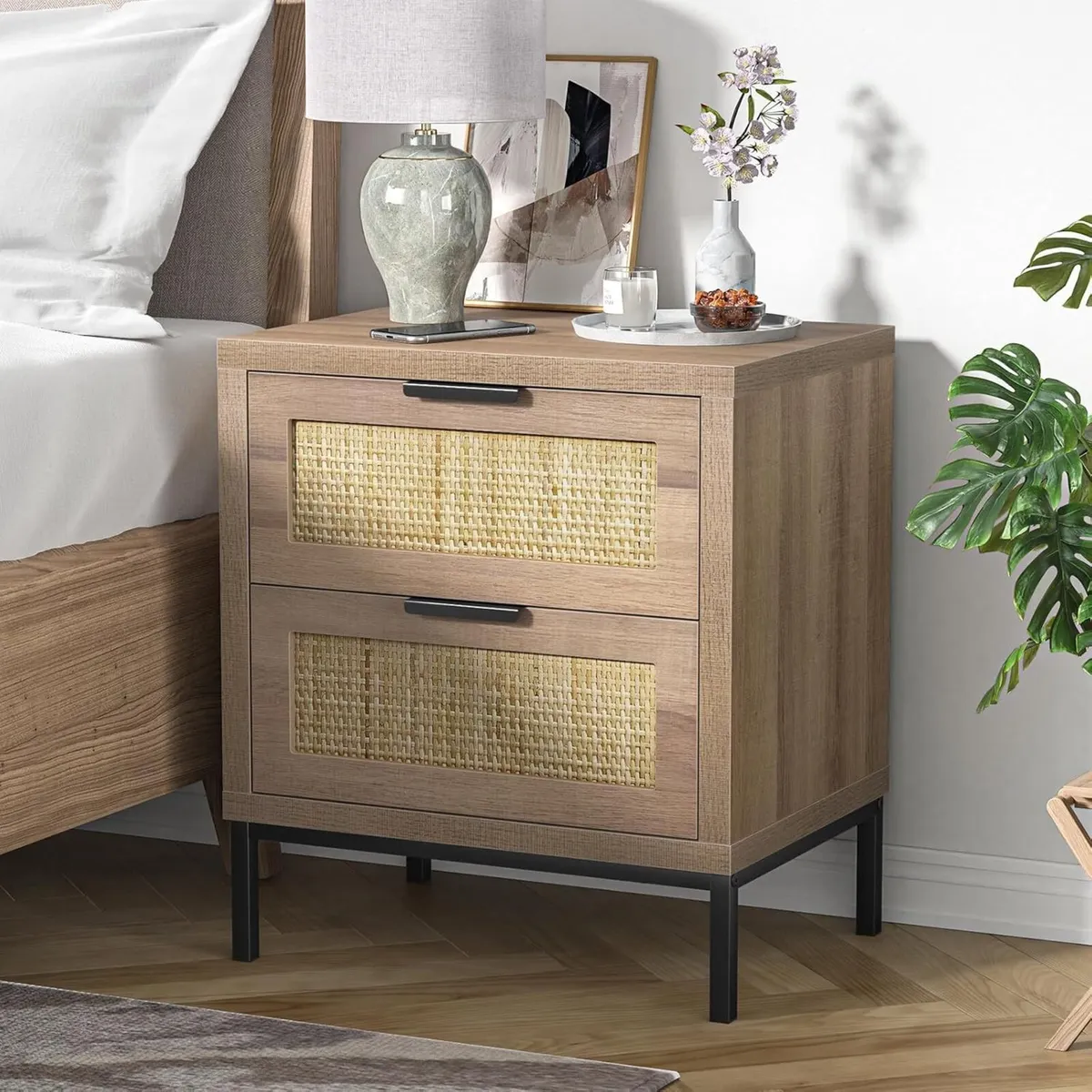 bedside table with 2 Drawers - Rattan Night Stand - Image 4