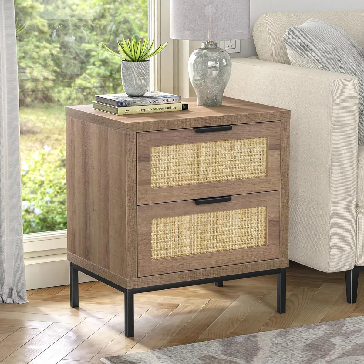 bedside table with 2 Drawers - Rattan Night Stand - Image 1