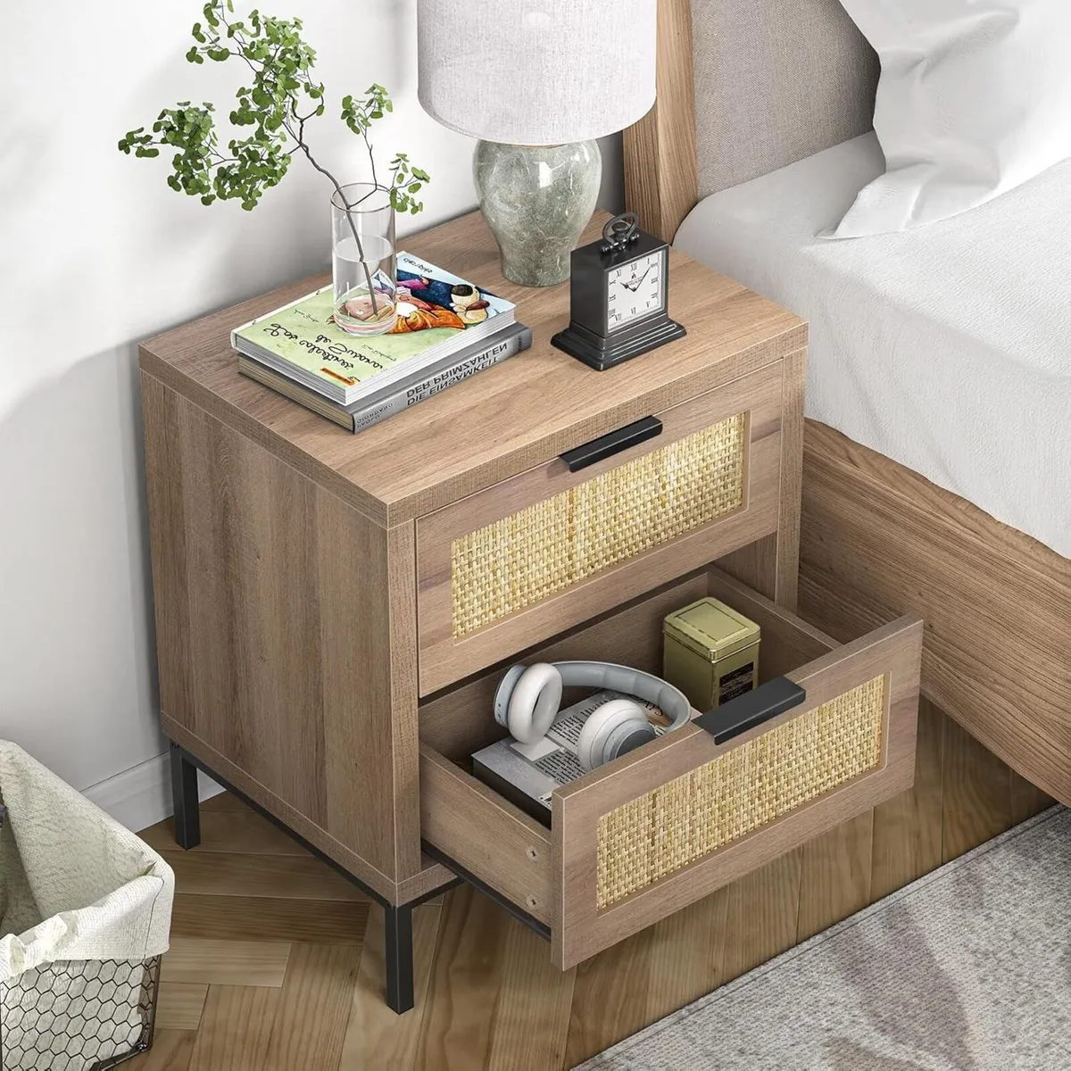 bedside table with 2 Drawers - Rattan Night Stand - Image 3