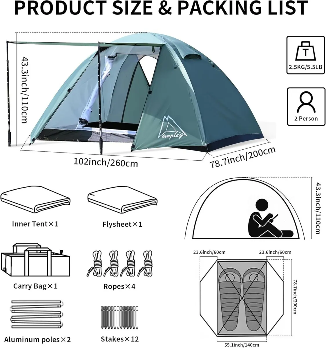 TENPLAY 2 Person Camping Tent Lightweight 2.5KG - Image 2