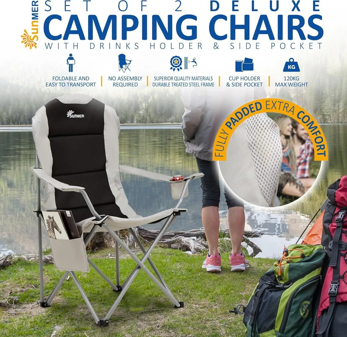 Padded Camping Chairs - Set of 2 Deluxe Folding - Image 3