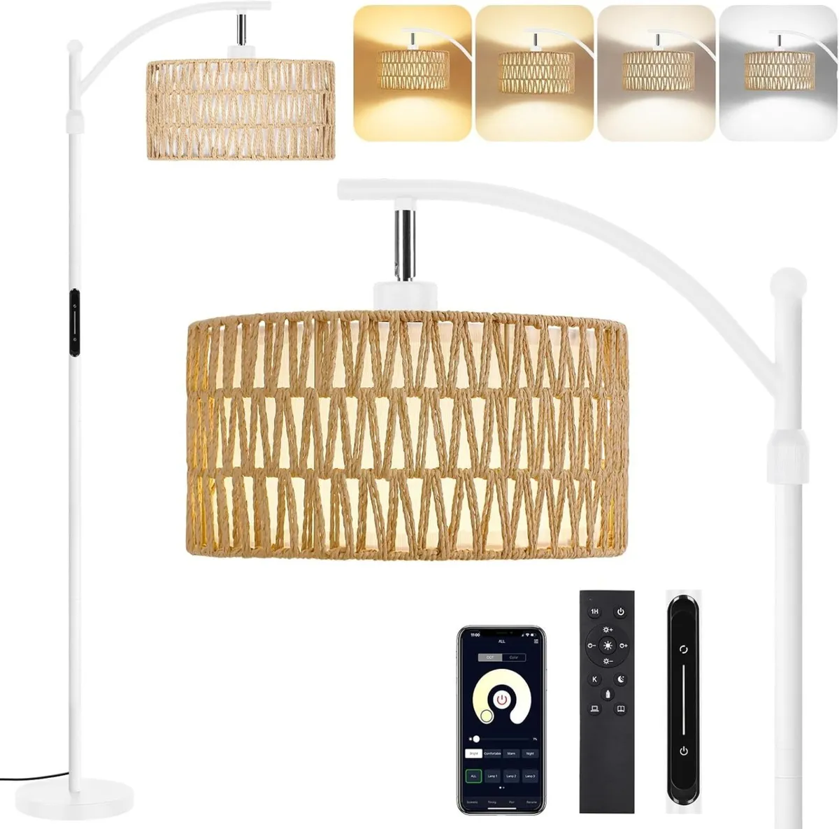 Floor Lamp with Rattan Linen Double Shades 12W - Image 1