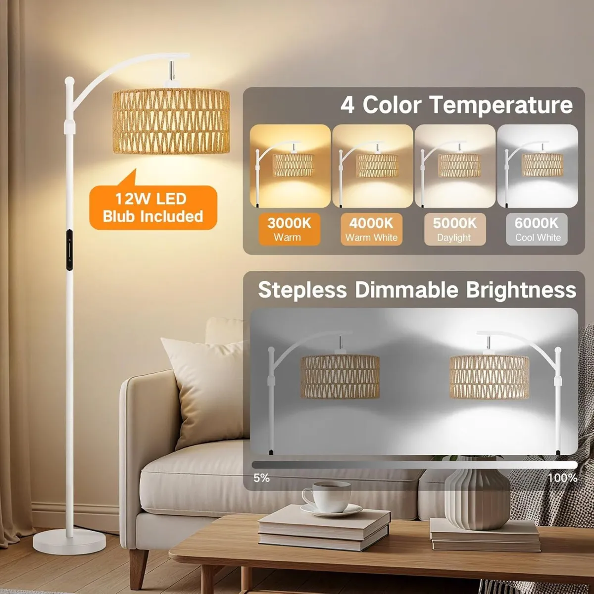 Floor Lamp with Rattan Linen Double Shades 12W - Image 3