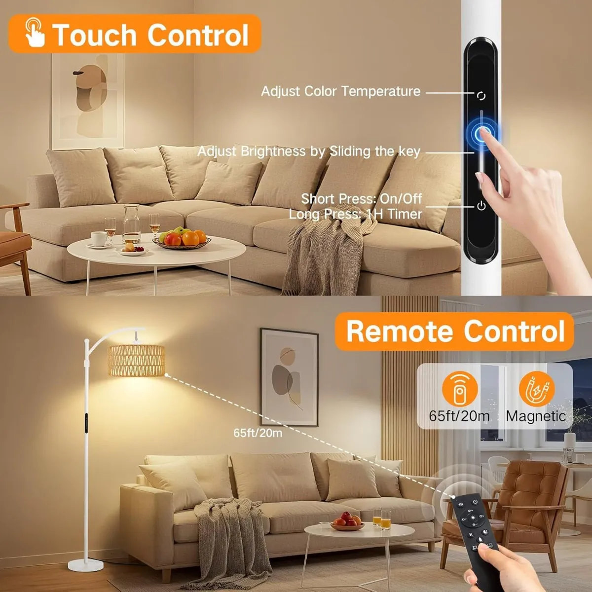 Floor Lamp with Rattan Linen Double Shades 12W - Image 4