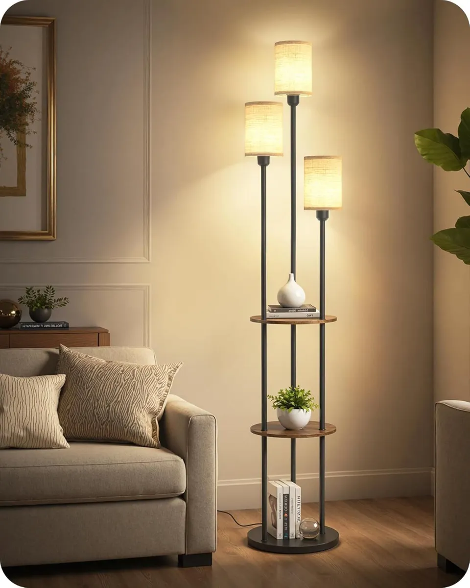 Floor Lamp with Shelves Industrial 3 Linen Shades - Image 1