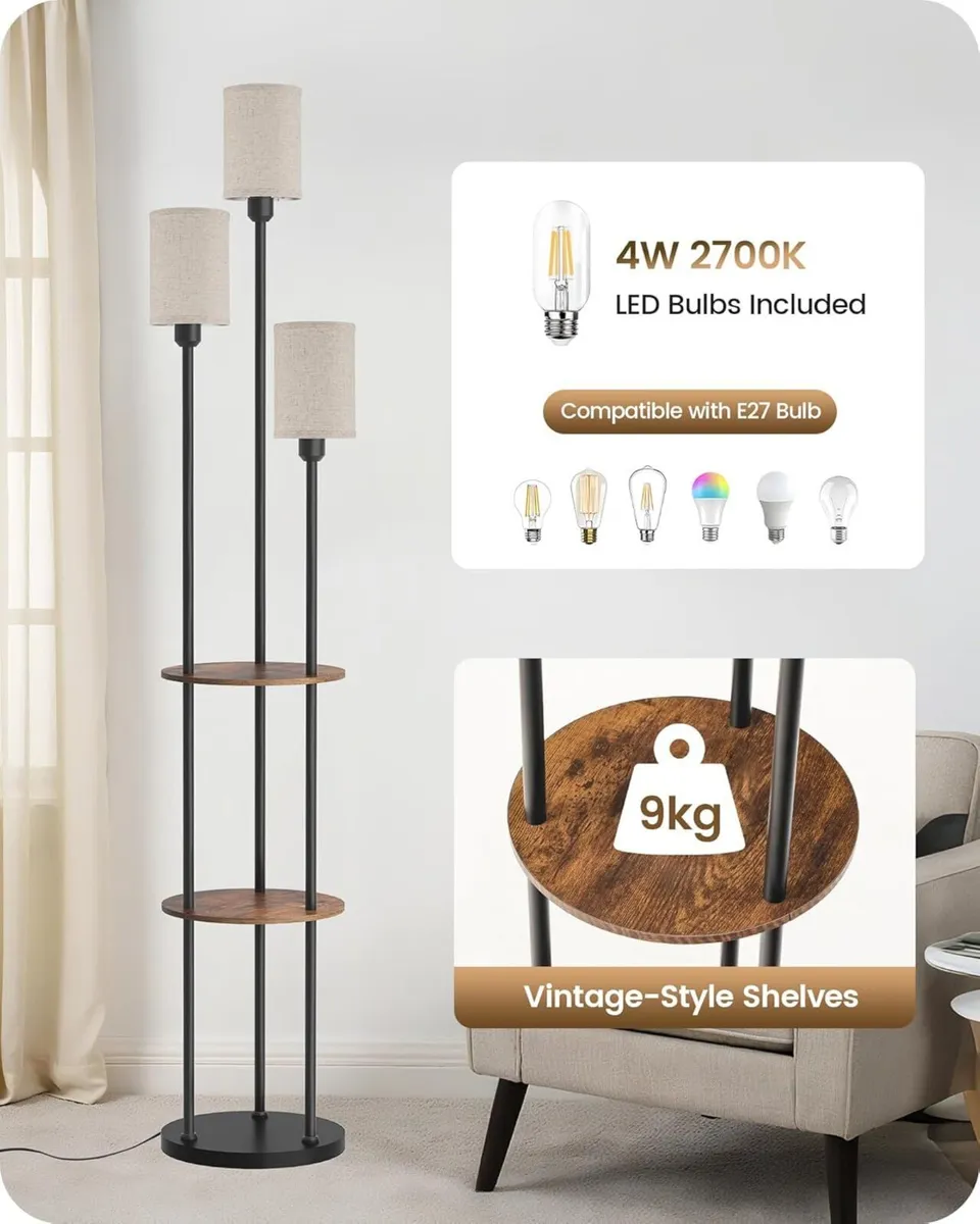Floor Lamp with Shelves Industrial 3 Linen Shades - Image 2