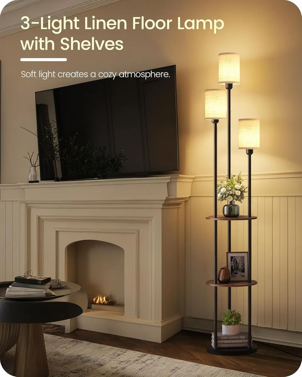 Floor Lamp with Shelves Industrial 3 Linen Shades - Image 3