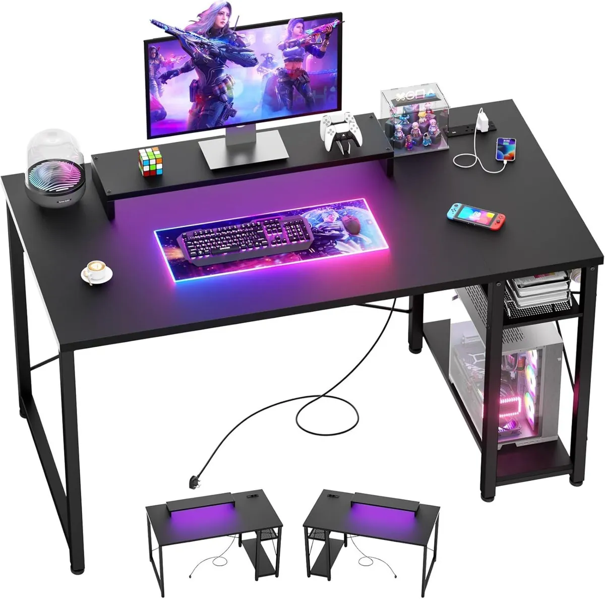 Gaming Desk with LED Lights Power Outlet Reversibl - Image 1