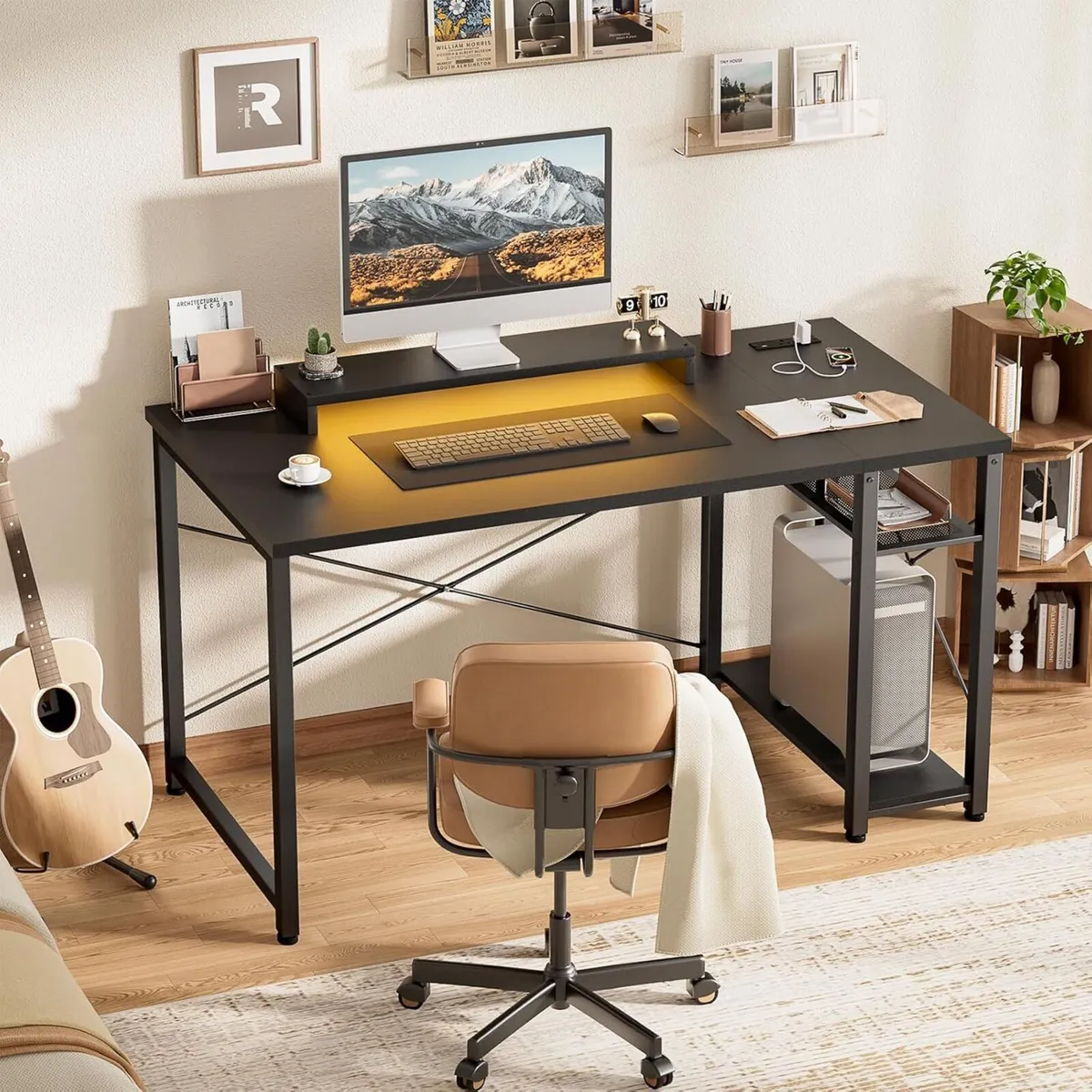 Gaming Desk with LED Lights Power Outlet Reversibl - Image 2