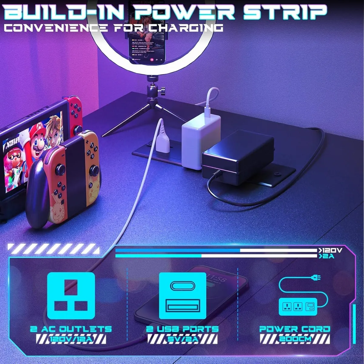 Gaming Desk with LED Lights Power Outlet Reversibl - Image 4