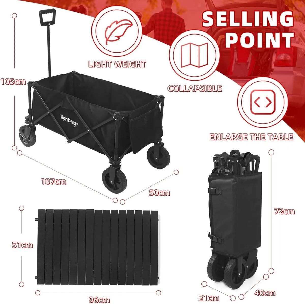 Folding Trolley on Wheels Table Top Cart with - Image 2