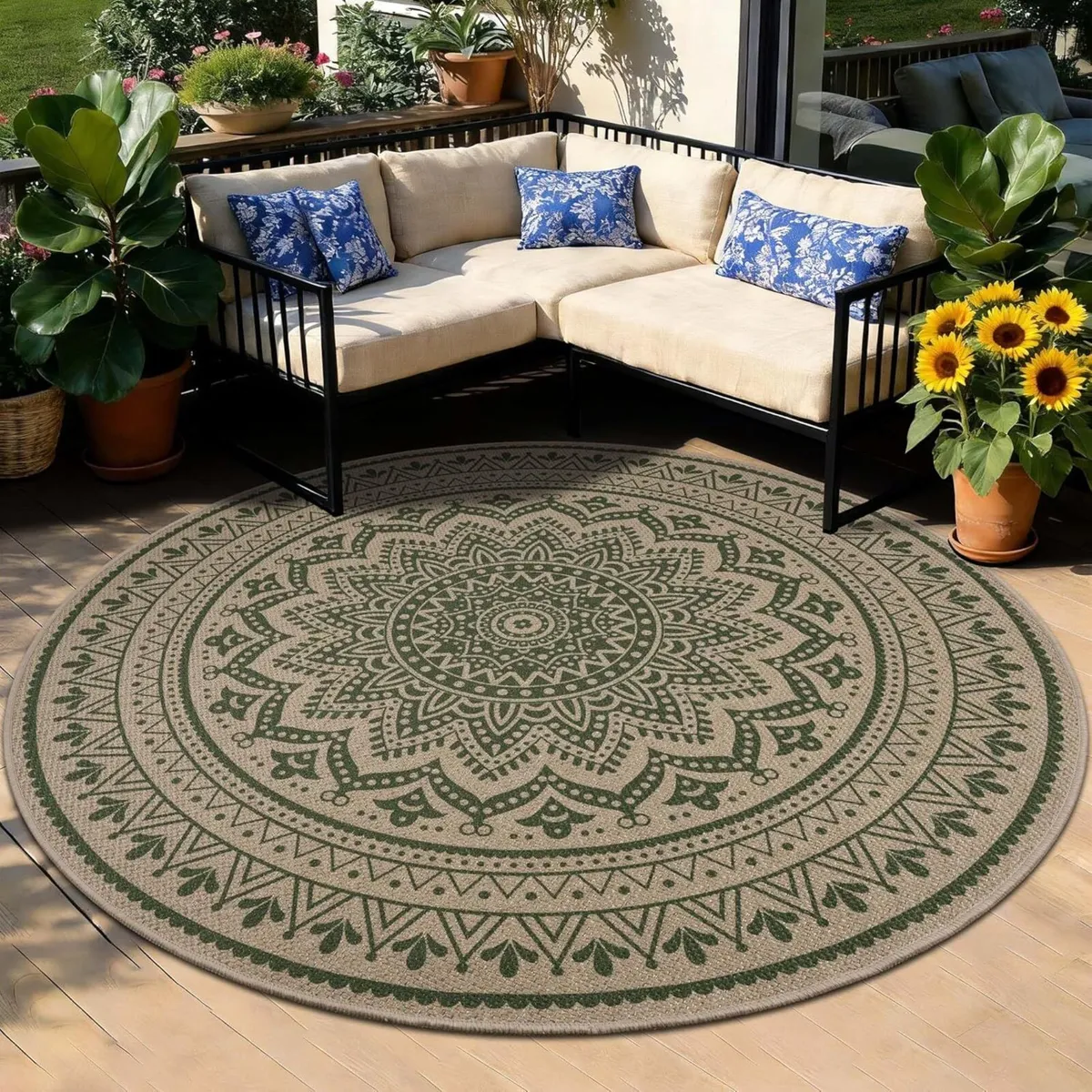 Round Rug Jute Look 160cm Patio Washable Non Slip - Image 1
