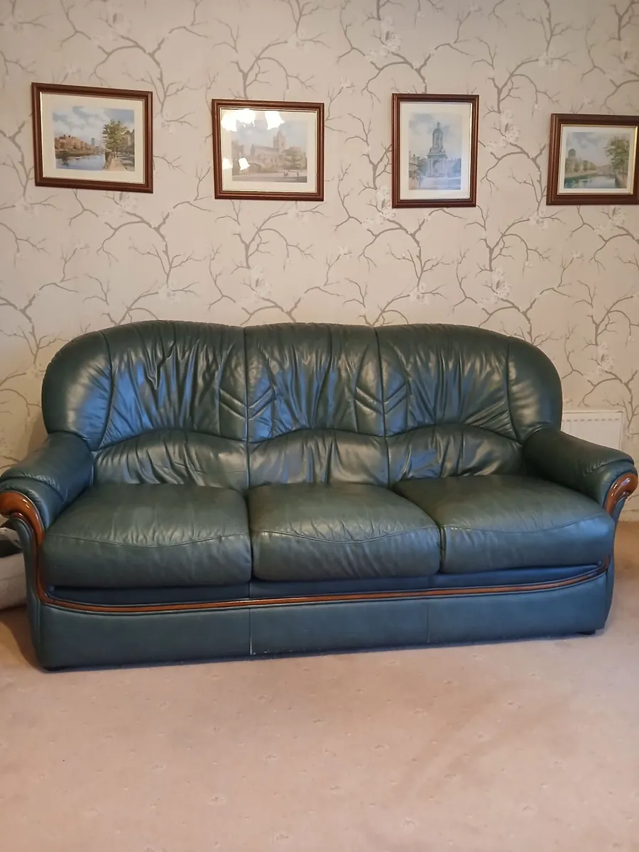 Green leather 3 Seater couch and Arm Chair - Image 2