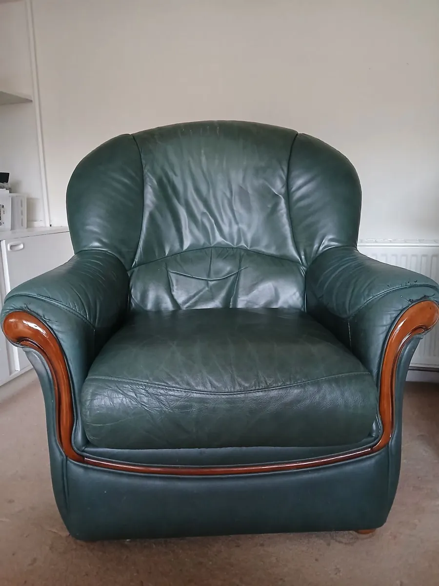 Green leather 3 Seater couch and Arm Chair - Image 3