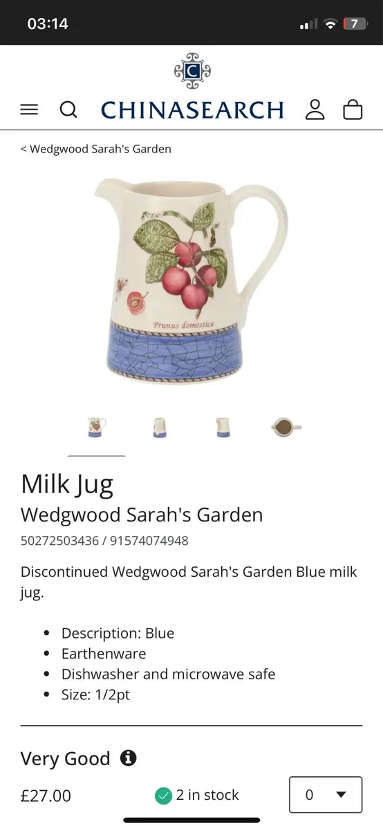 discontinued WEDGEWOOD - SARAH’S GARDEN 1/2 pt Jug - Image 1