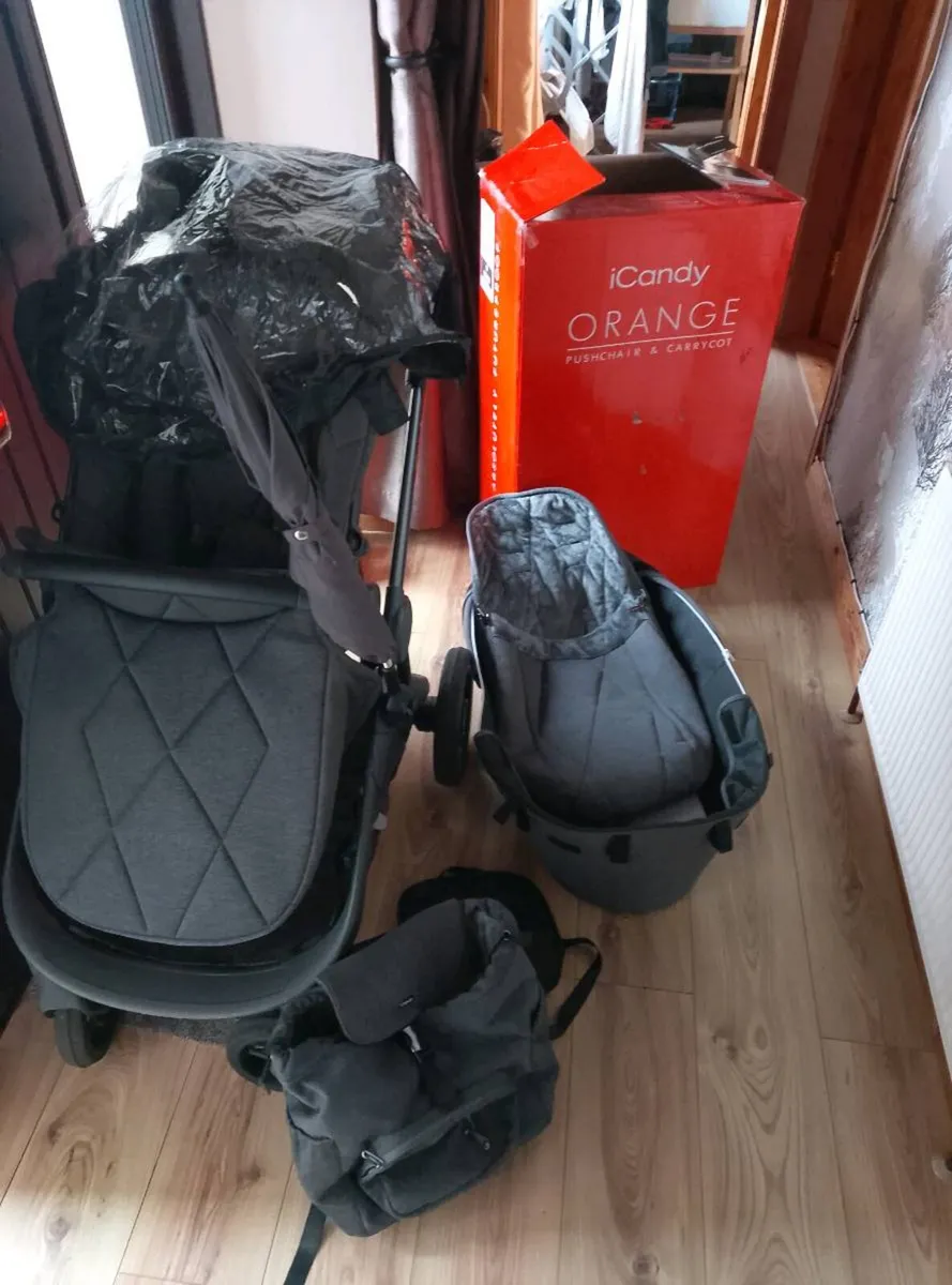 Icandy orange pram and car seats travel cot - Image 1