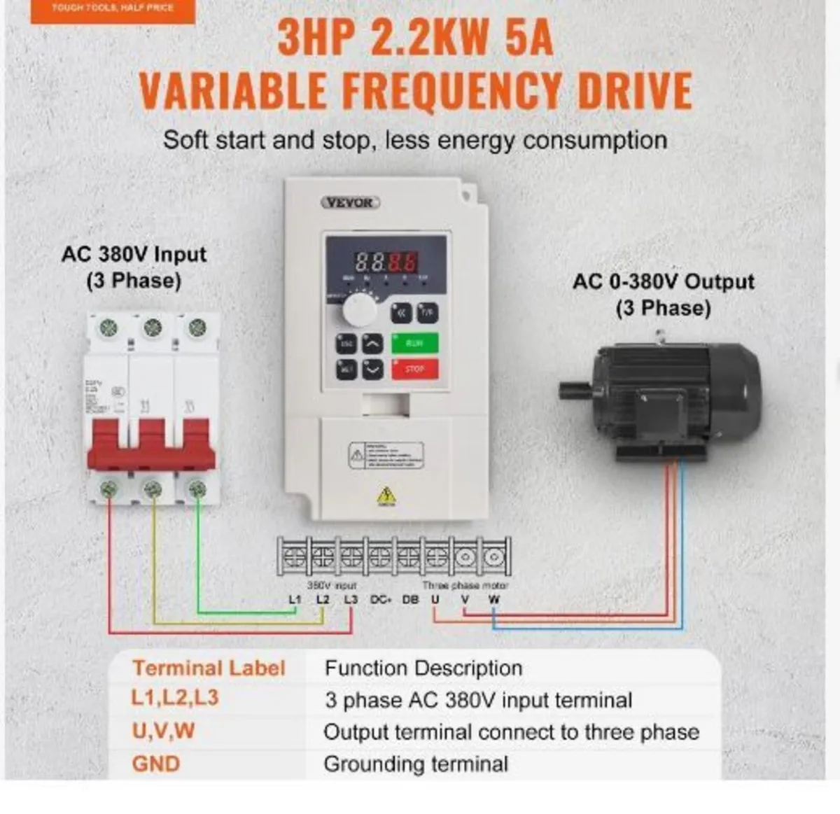VFD 3HP, 2.2KW, 5A, 3 Phase AC 380V - Image 2