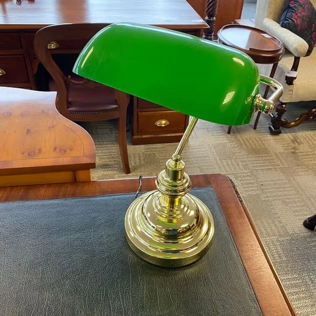 Brand new brass base green glass bankers desk lamp