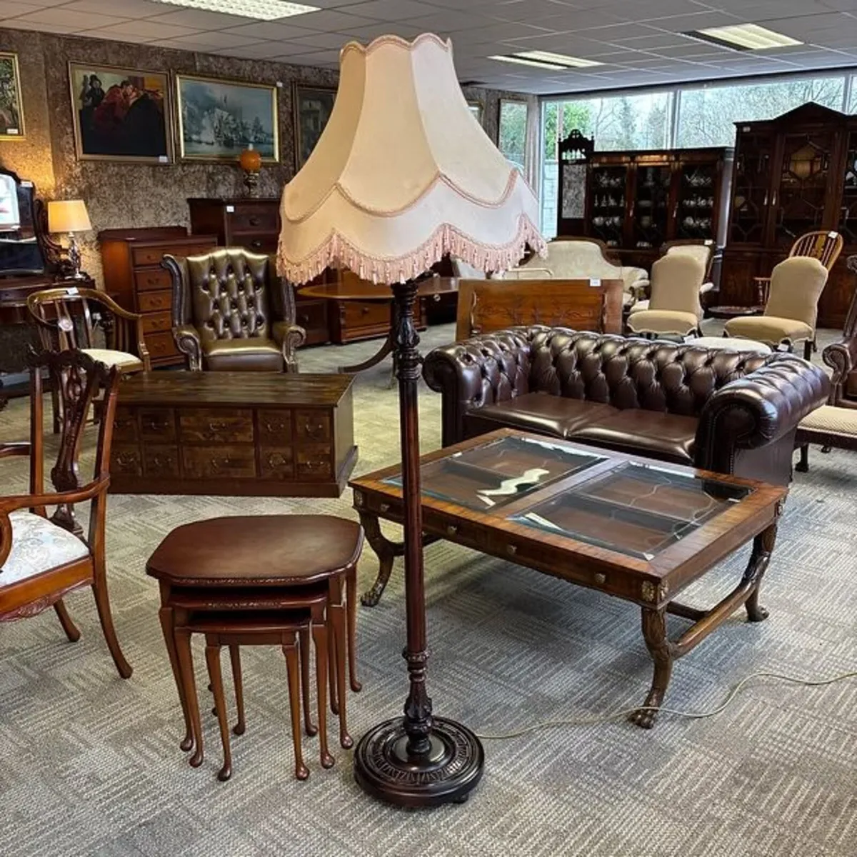 Victorian mahogany floor lamp with pink shade