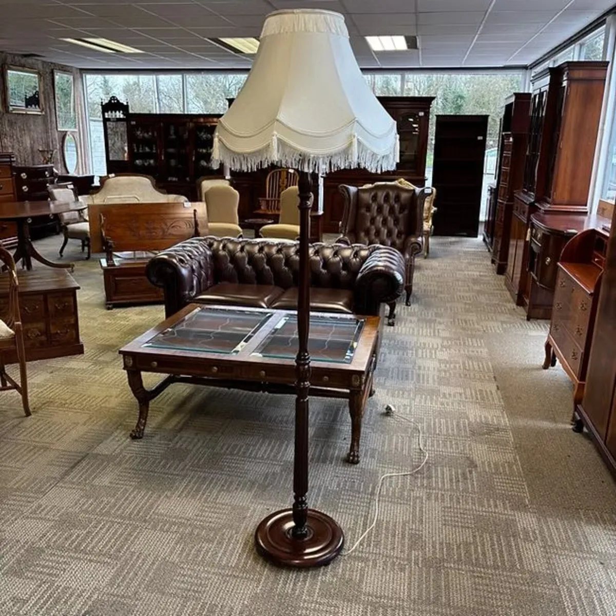 Victorian mahogany floor lamp with white shade