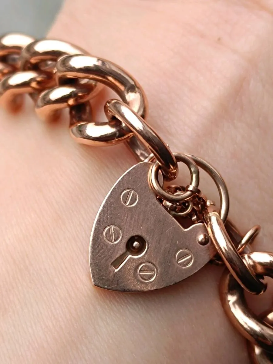 9k Rose Gold Vintage Curb Bracelet Heart Locket - Image 2