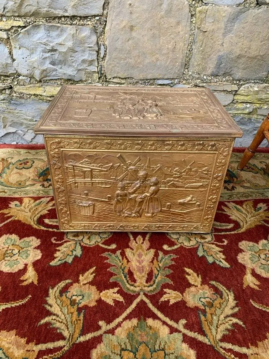 Embossed Brass Coal Box  or Log Bin - Image 1