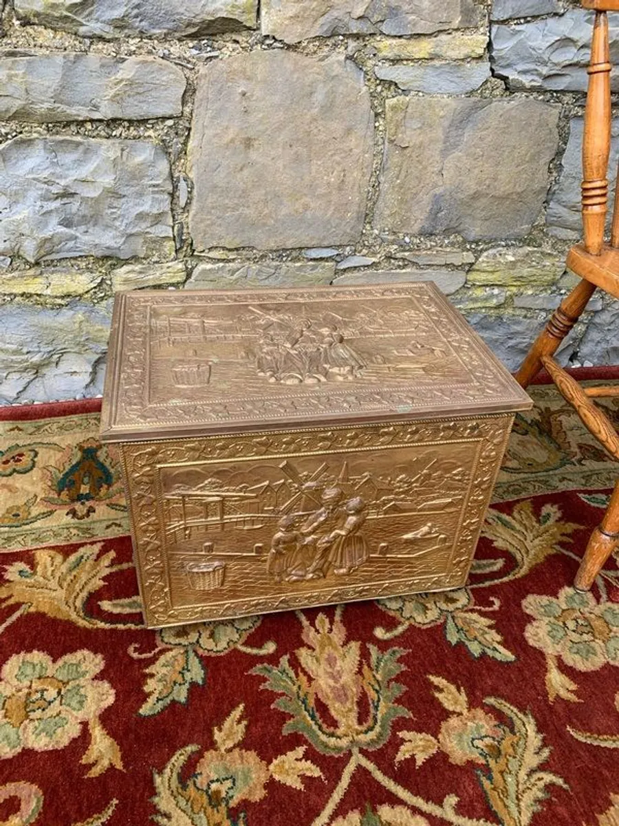 Embossed Brass Coal Box  or Log Bin - Image 2