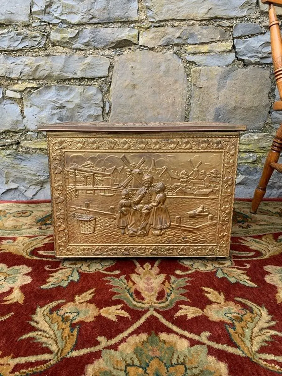 Embossed Brass Coal Box  or Log Bin - Image 3