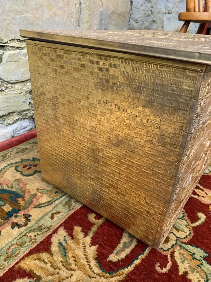 Embossed Brass Coal Box  or Log Bin - Image 4