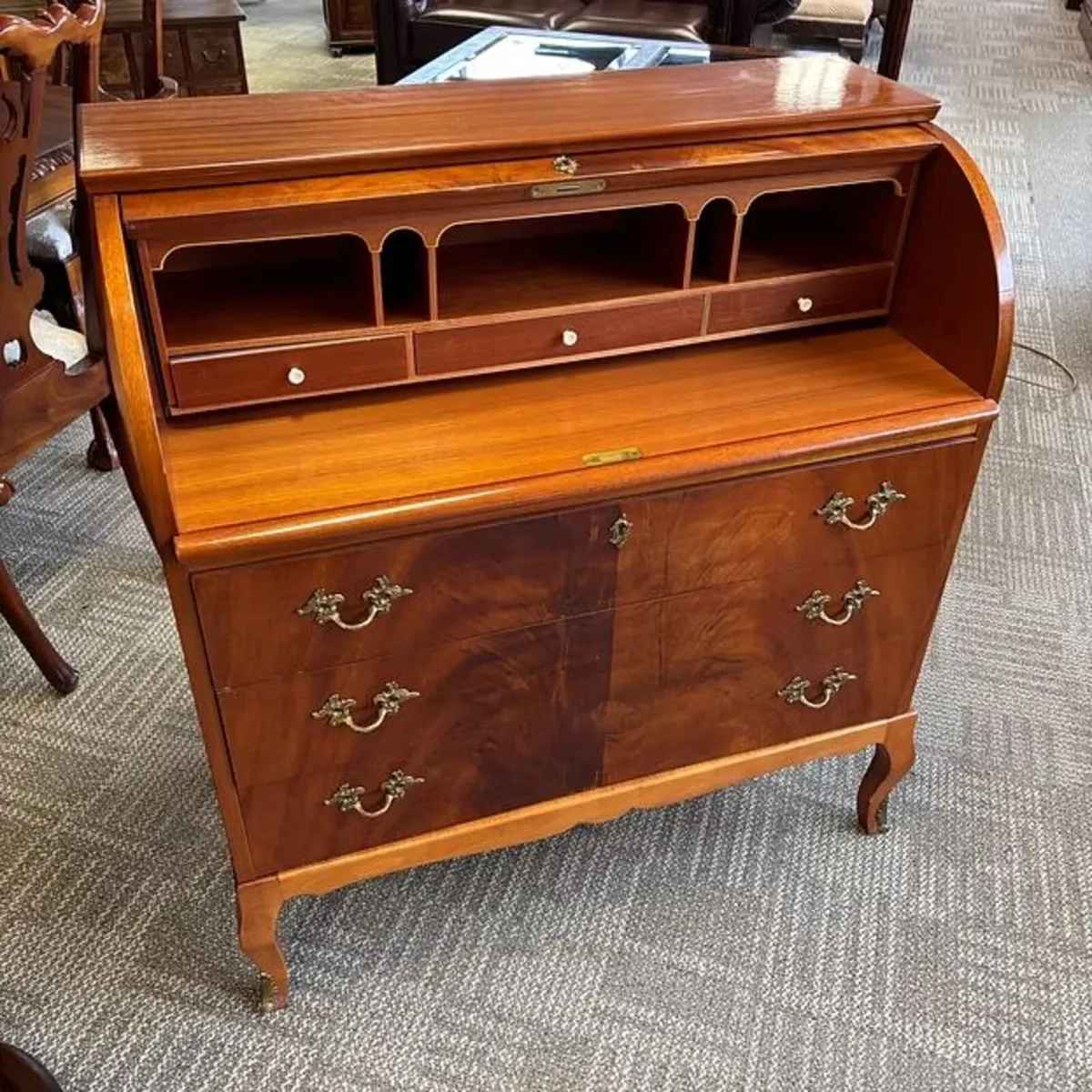 Mid Century 1960s roll top mahogany writing bureau