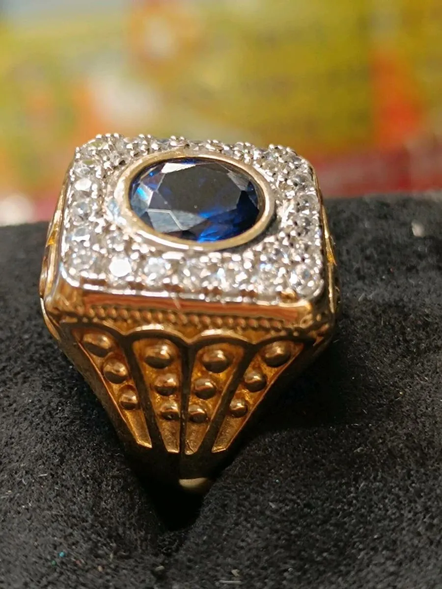 Blue Stone & CZ Signet Ring , 9k Yellow Gold - Image 3