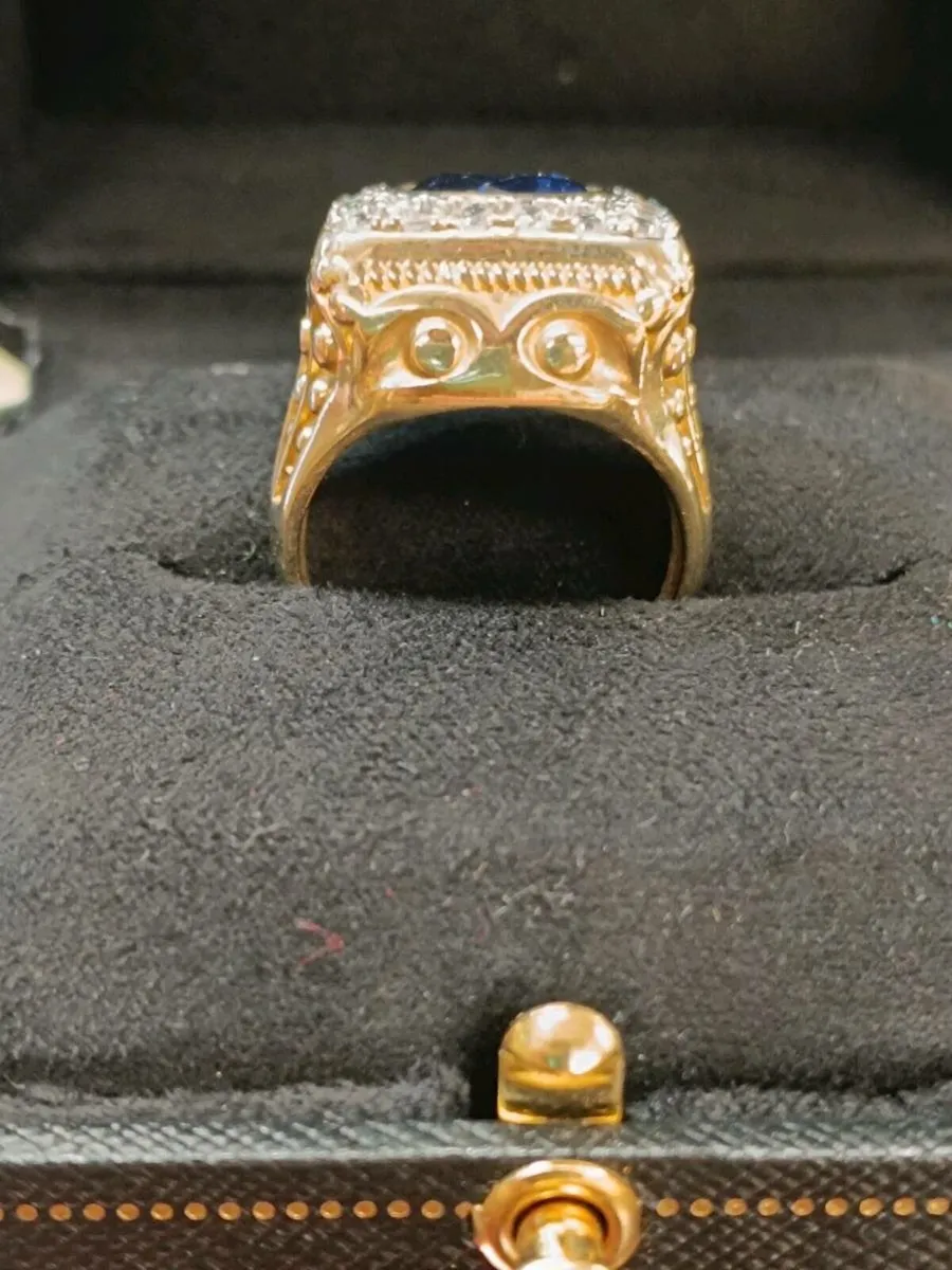 Blue Stone & CZ Signet Ring , 9k Yellow Gold - Image 4