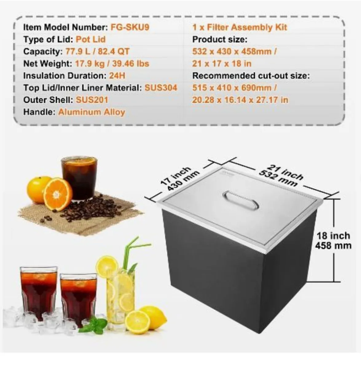 Drop in Ice Chest, 21"L x 17"W x 18"H Stainless - Image 3