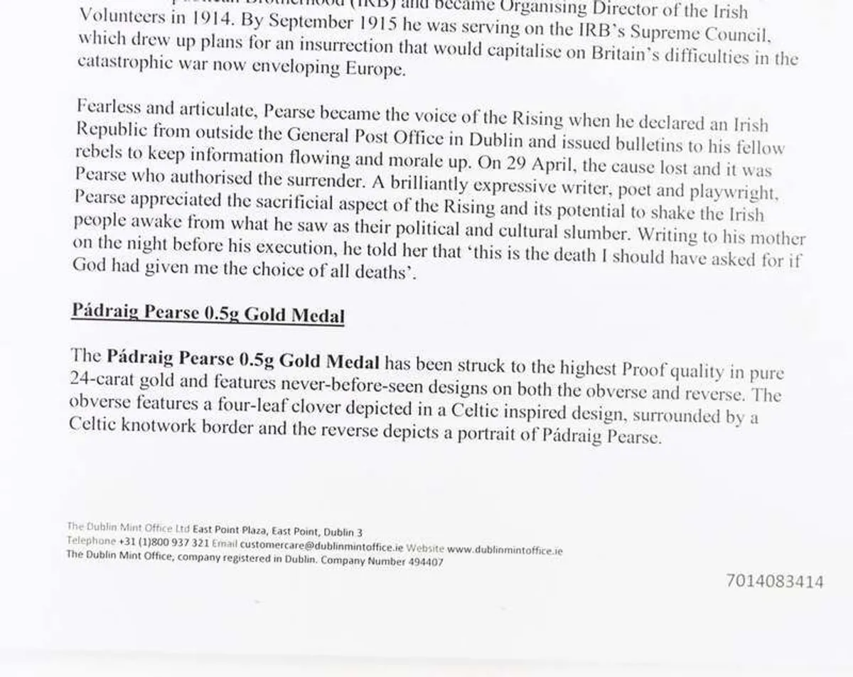 Padraig Pearse 24K Gold Medal - Image 4