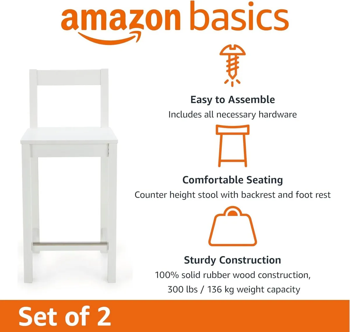 Set of 2 White Wood Kitchen Counter Stool with - Image 3