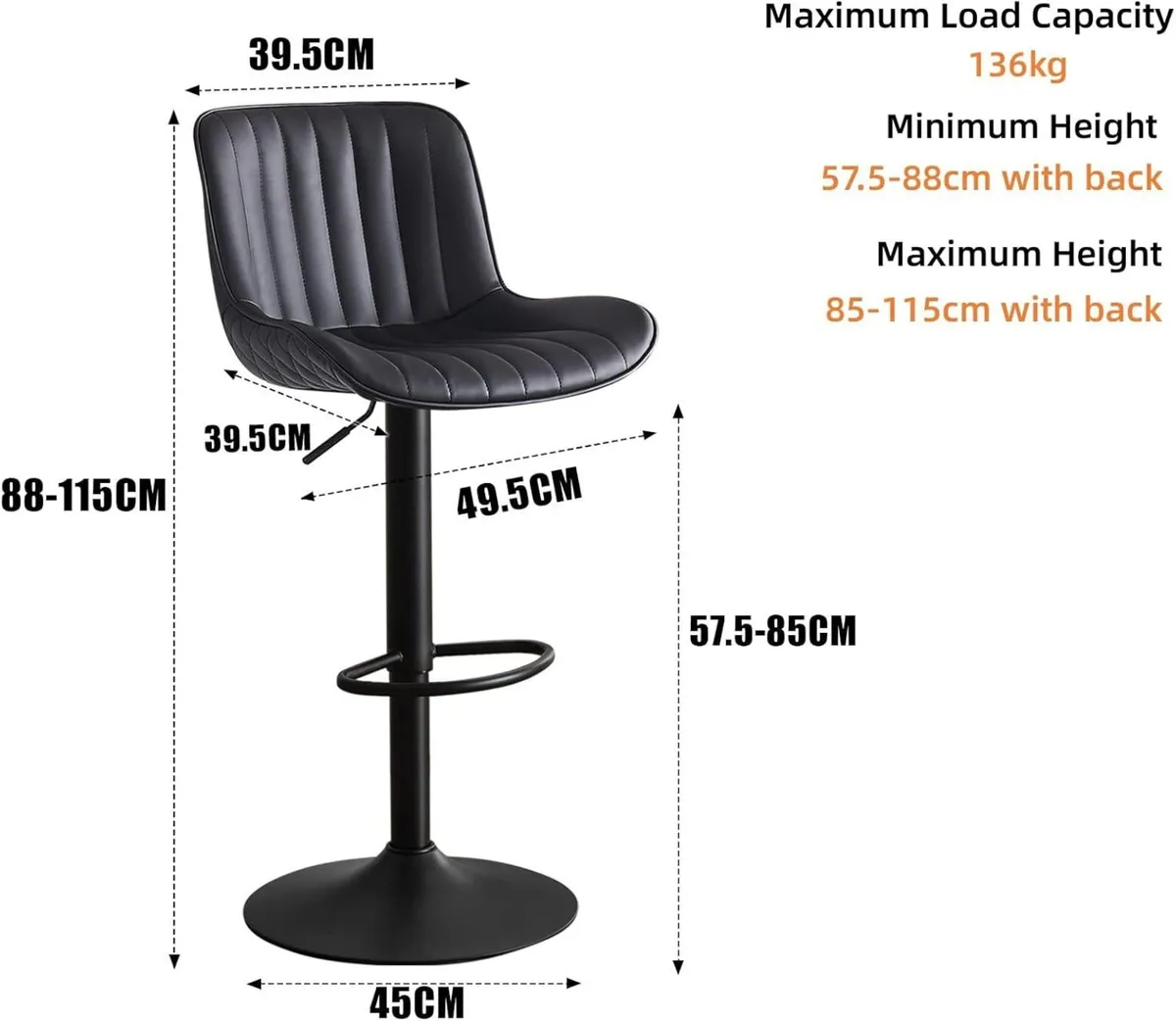 Black Bar Stools Set of 2 Counter Height Barstools - Image 2