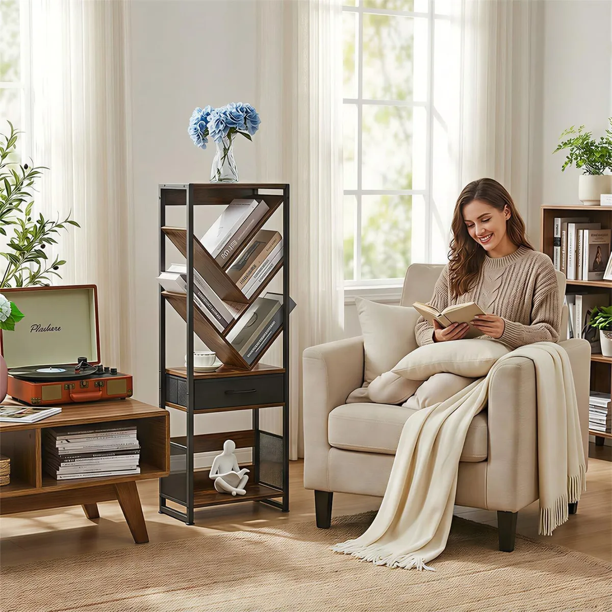 Tree Bookshelf with Side Table Tall Bookcase - Image 3