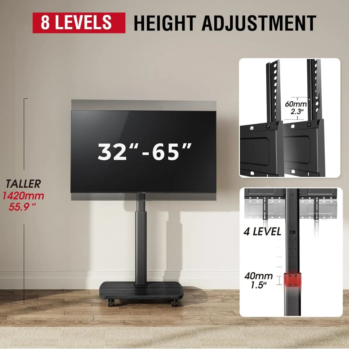 Mobile TV Stand on Wheels with Wooden Base for - Image 4