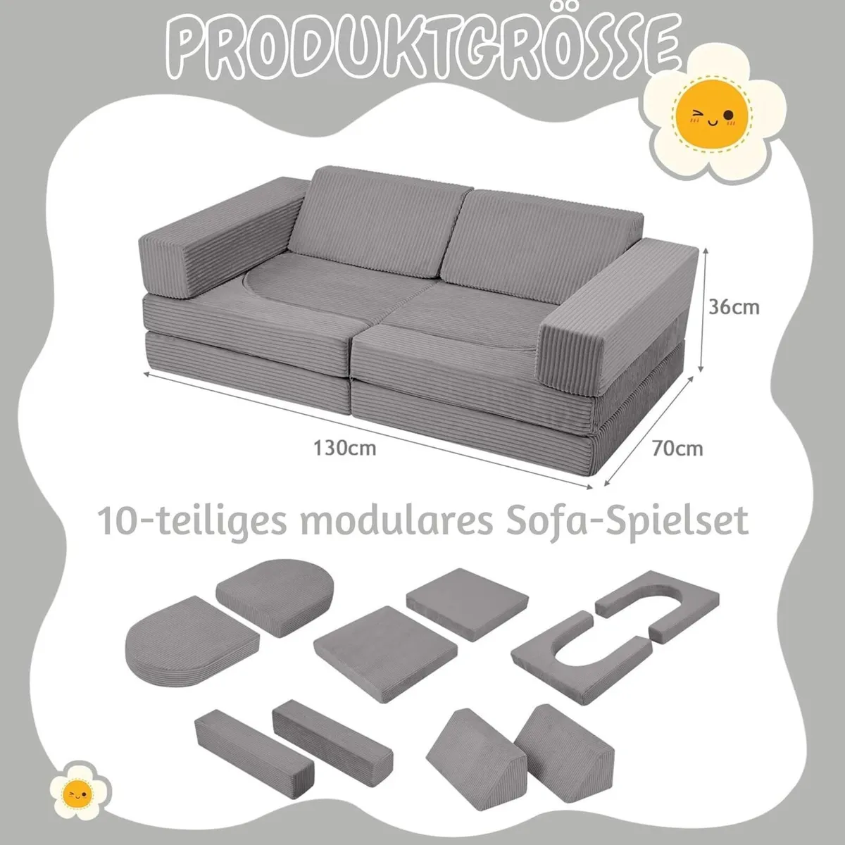 10-Pieces Kids Play Sofa Corduroy Modular Toddler - Image 2